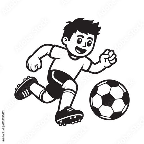 Cartoon illustration of a young boy running and dribbling a soccer ball