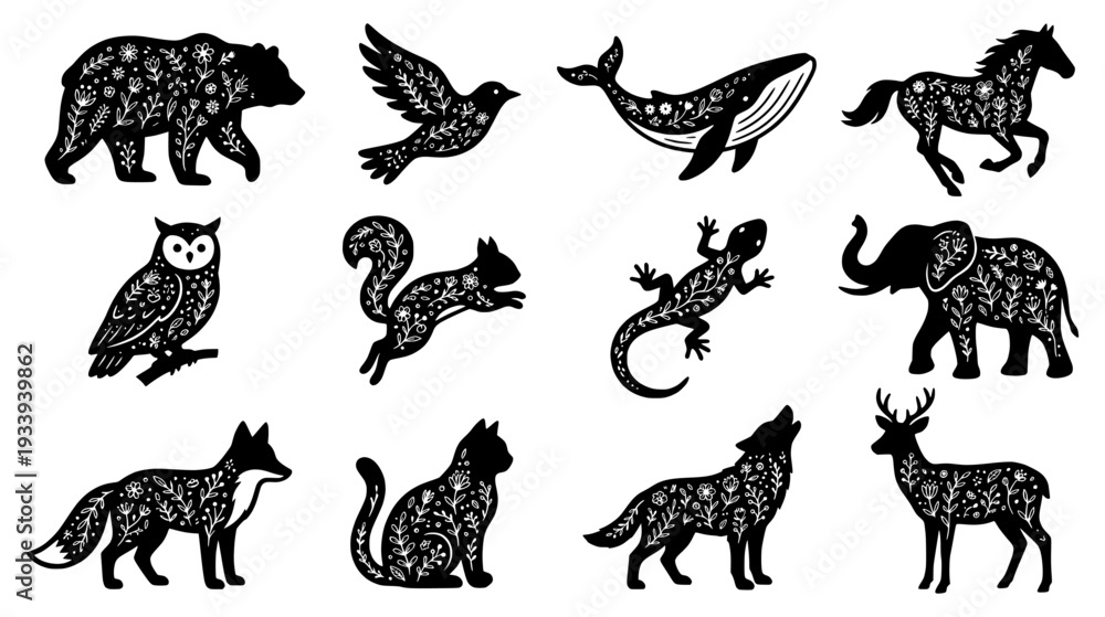 Obraz premium Black Animal Silhouettes with White Floral Botanical Pattern Fill in Folk Art Style