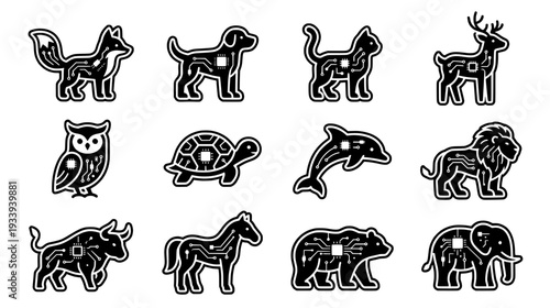 Twelve Cybernetic Animal Silhouettes Featuring Integrated Digital Circuitry and Microchip Patterns