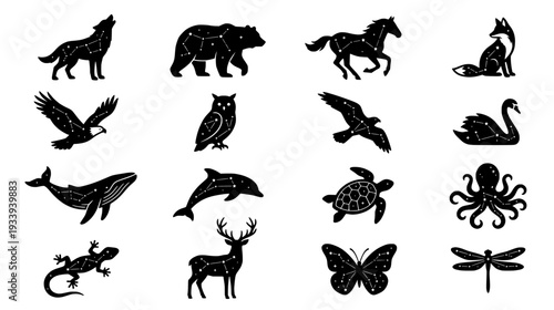Minimalist Black Animal Silhouettes Featuring Celestial Star Constellation Patterns and Cosmic Symbols