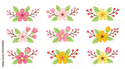 Set of nine cute flat design floral arrangements with flowers leaves and berries