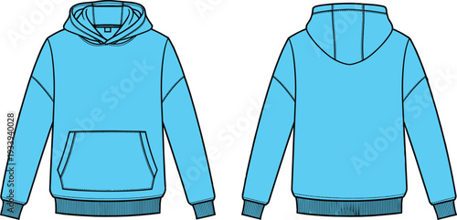 Hoodie fashion illustration, hooded sweatshirt design, kangaroo pocket detail, ribbed cuffs waistband, drawstring hood, casual wear, technical flat sketch, vector CAD drawing