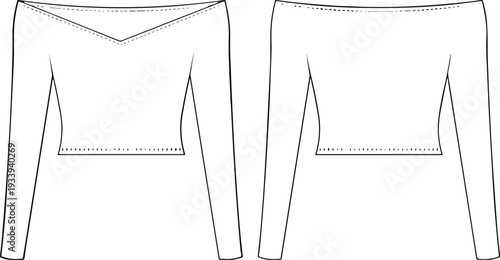 Crop top fashion flat sketch, V-neckline design, long sleeve garment illustration, CAD apparel drawing, technical clothing template, vector fashion design