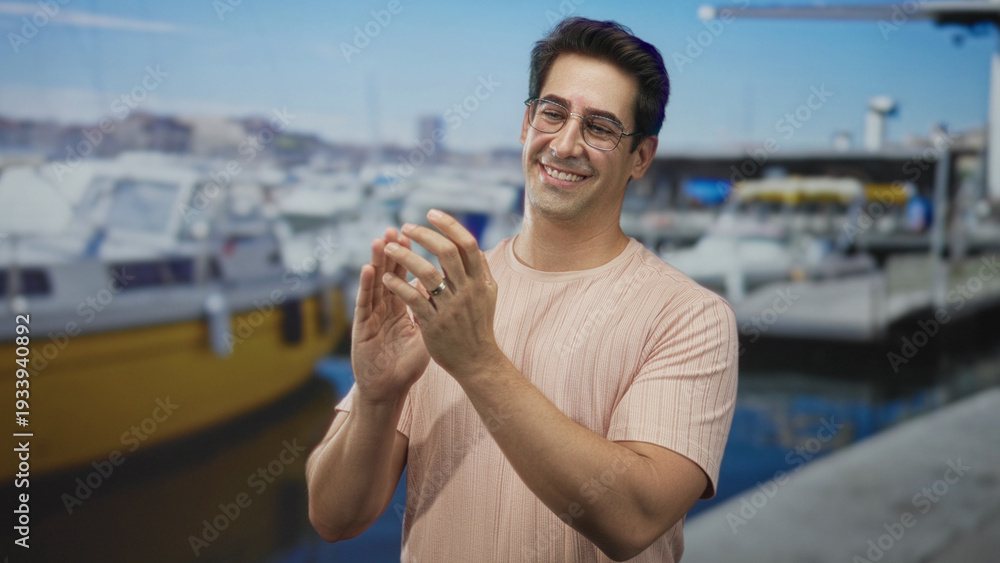 Fototapeta premium Man claps hands and smiles in a studio set staged as a marina by a dock with boats visible, wearing glasses and rings on his fingers, midgesture capturing motion; contentment.