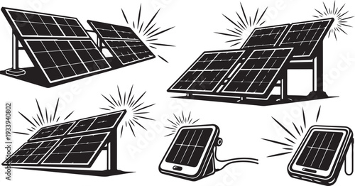 Solar panels and mobile phones with sunburst illustrations