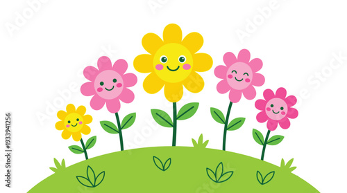 Happy smiling cartoon flowers growing on a green hill with a white background