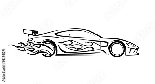 Black and white line drawing of a sports car with flames.