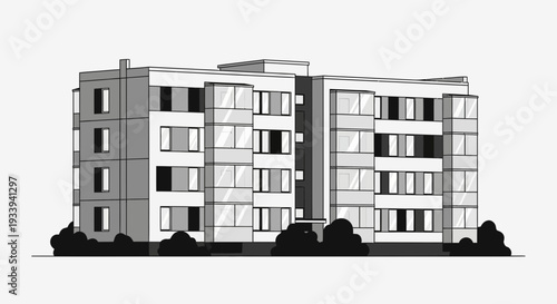 Modern Apartment Building Exterior Architectural Drawing.