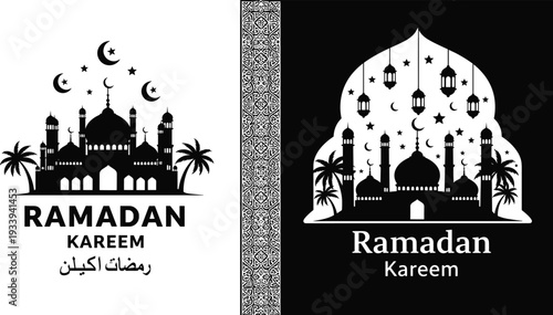 Ramadan Kareem greeting card design with mosque silhouette, crescent moons, lanterns, and Arabic calligraphy isolated on white and black backgrounds for Islamic celebration