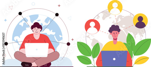 People remotely collaborating with laptops across world, online global connection vector illustration