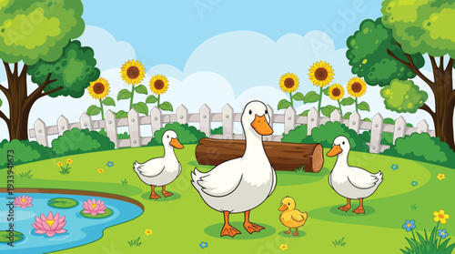 White ducks and a yellow duckling in a cheerful green garden with pond and sunflowers