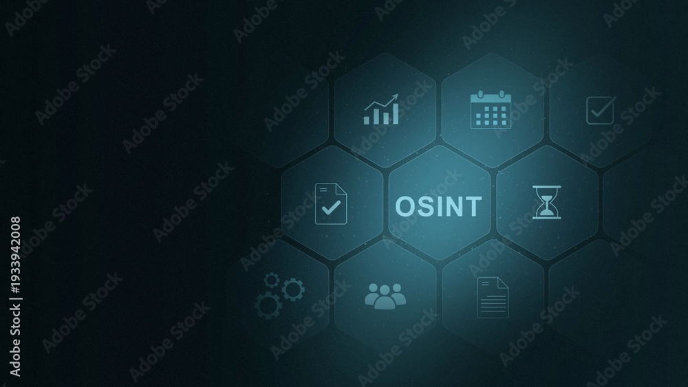 Fototapeta premium OSINT Open Source Intelligence Hexagonal Infographic with with gears Background OSINT data analysis. digital interface on cyan color background. and 3d illustration