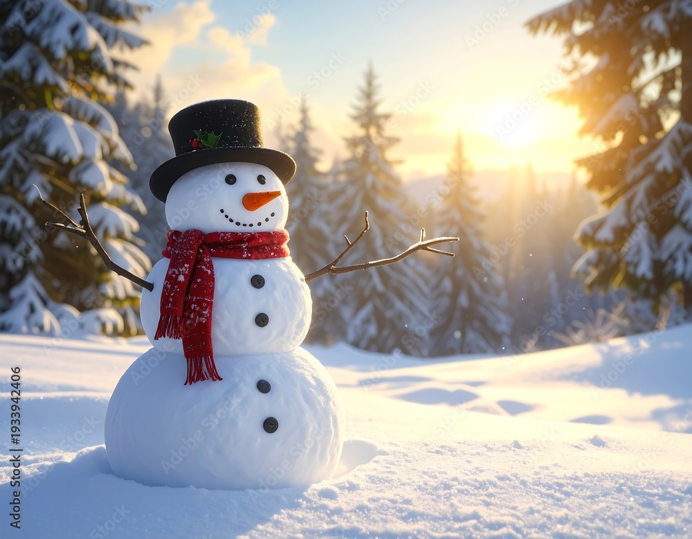 Obraz premium A snowman in a winter landscape with trees and sunset