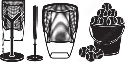 Baseball equipment illustration with bat and balls in bucket