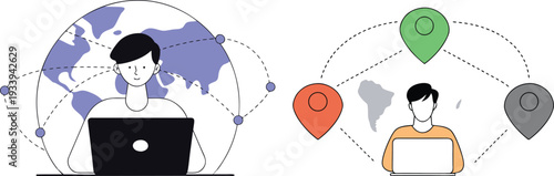 People connected globally through laptops, showing remote work and worldwide collaboration vector