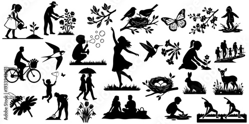 Set of spring and gardening silhouettes, people outdoor activities icons including gardening, family hiking, children playing, birds, flowers, and wildlife isolated