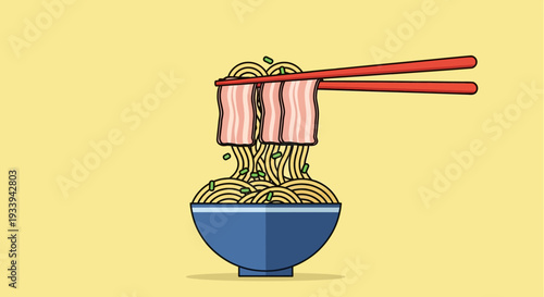 Delicious Ramen Noodles with Bacon and Chopsticks