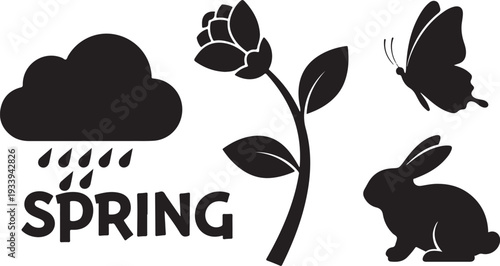 Spring season icons with rabbit butterfly and flower silhouettes