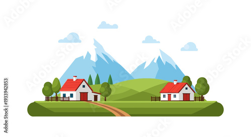 Idyllic Village Scene: Houses, Mountains, and Green Hills