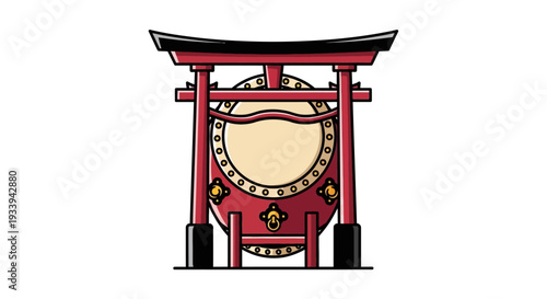 Japanese Taiko Drum and Torii Gate Illustration