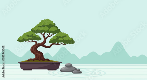 Zen Bonsai Tree and Rocks in Serene Garden