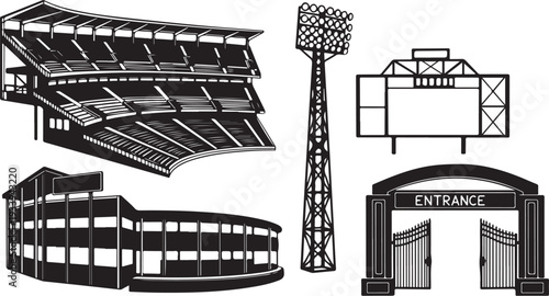 Stadium Architecture and Entrance Gate Design Elements Illustration Set