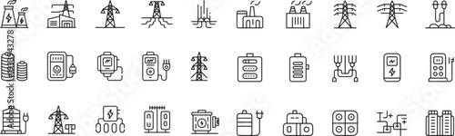 Set of 40 energy and electricity thin line icons in a row with transparent background