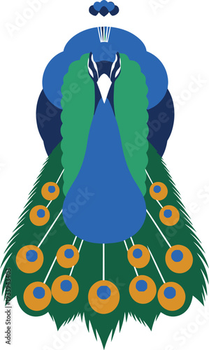 Peacock illustration displays vibrant blue body and magnificent green tail.