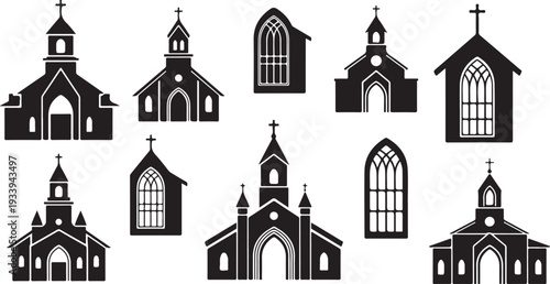 Collection of church buildings and window silhouettes in black