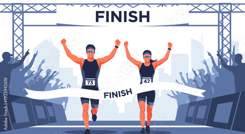 Athletes celebrate victory at finish line of marathon in silhouetted city