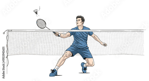 Badminton player in action hitting shuttlecock over net vector illustration