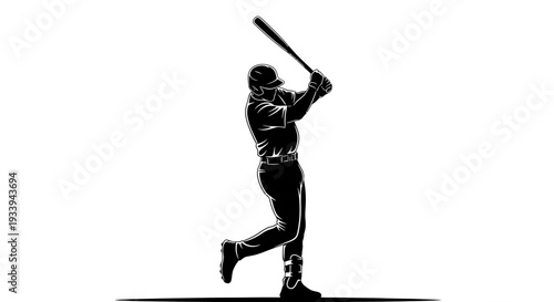 Baseball player silhouette swinging bat against white background
