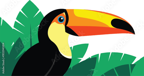 Toucan bird portrait shows vibrant beak surrounded by lush tropical green.