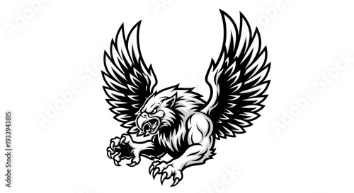 Black and white gryphon illustration with outstretched wings on white background