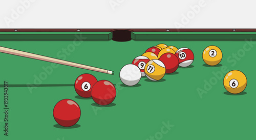 Billiard balls on a green table with cue stick ready to strike a shot
