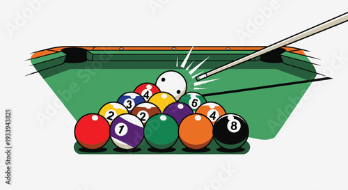 Billiard game illustration cue stick strikes white ball amongst numbered spheres
