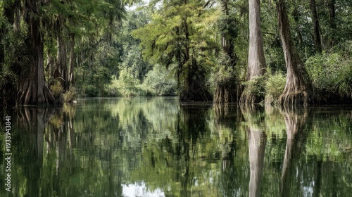 Serene Cypress Trees Reflected in Tranquil River Water Landscape