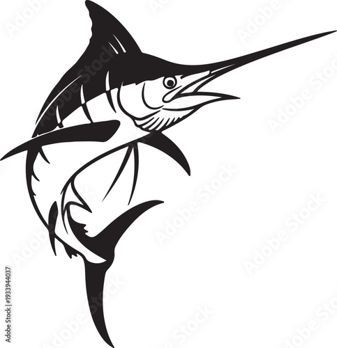 A black and white graphic illustration of a marlin fish jumping out of the water, depicted in a dynamic and powerful pose.
