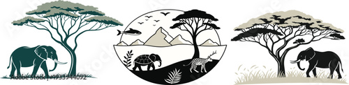 African savanna landscape vector illustration with elephants and acacia trees