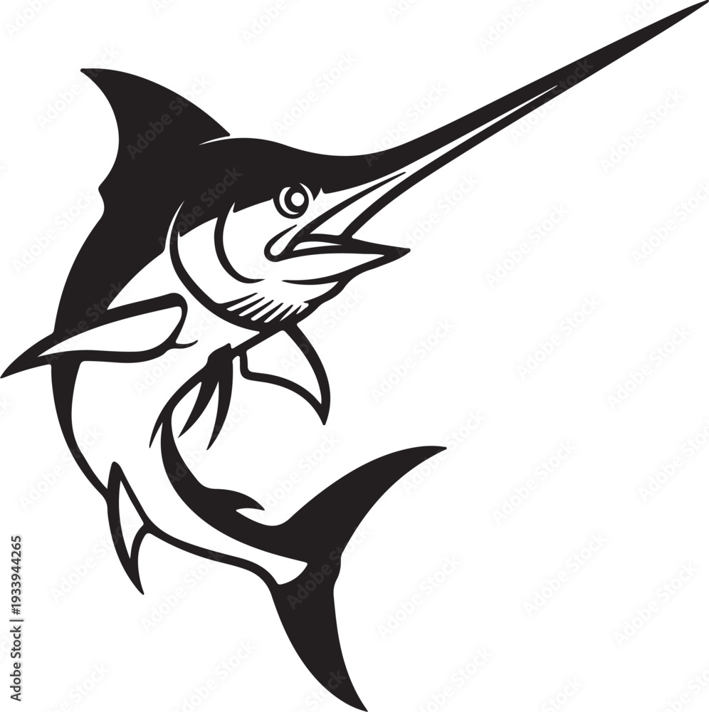 Fototapeta premium A black and white graphic illustration of a marlin fish with its mouth open and fins spread, depicted in a dynamic, aggressive pose.