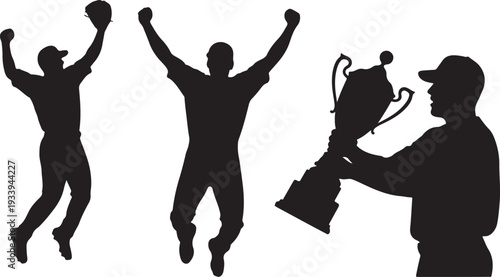 Silhouettes of triumphant athletes celebrating victory with trophy