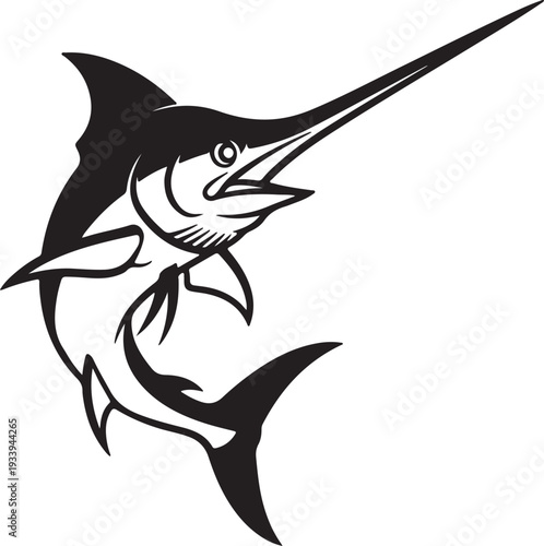 A black and white graphic illustration of a marlin fish with its mouth open and fins spread, depicted in a dynamic, aggressive pose.