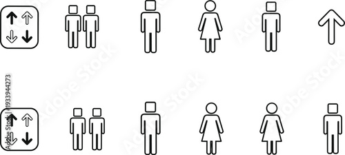 Elevator icon silhouette illustration, people symbol artwork design, directional arrow graphic, gender representation signage drawing, minimalistic figure artwork, black white