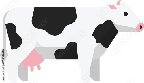 Black and white spotted dairy cow stands in profile against a white.