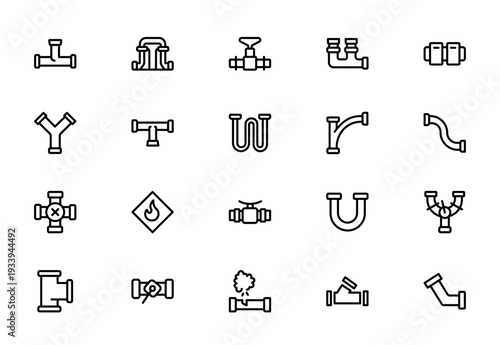 Oil and Gas Piping Components Line Icon Set – Refinery Valves, Pipeline Parts and Engineering Fittings Outline Vector Icons, Editable Stroke