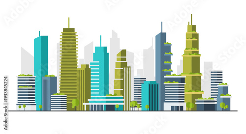 Colorful cityscape with modern skyscrapers and urban buildings.