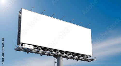 Large blank billboard on metal frame against blue sky with clouds isolated on white background