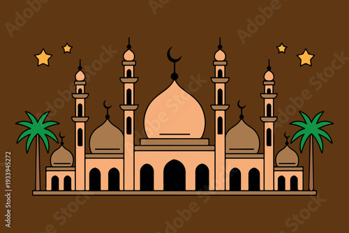 Minimalist flat line art illustration of a majestic mosque with domes and minarets. Ramadan Kareem greeting background with stylized mosque and palm trees under stars. 