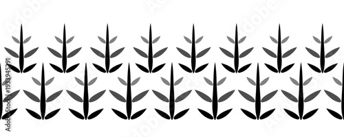 Monochrome seamless border of trees. Row of fir trees. Winter forest. Simple winter ornament of black Christmas trees on white background. Holiday Christmas decor in shades of gray
