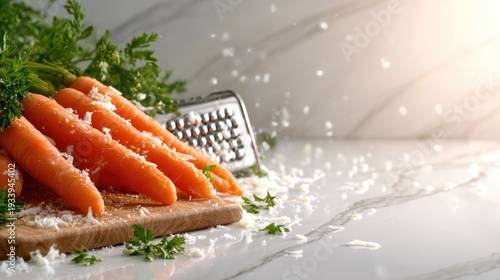 A vibrant still-life image showcasing fresh carrots on a wooden chopping board, ready to be grated, embodying healthy cooking and fresh ingredients in culinary arts.